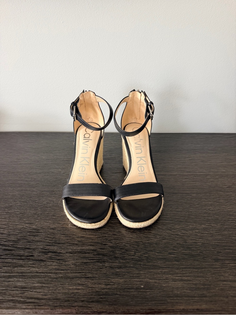 Calvin Klein Black Leather Ankle-Strap Espadrille Wedges